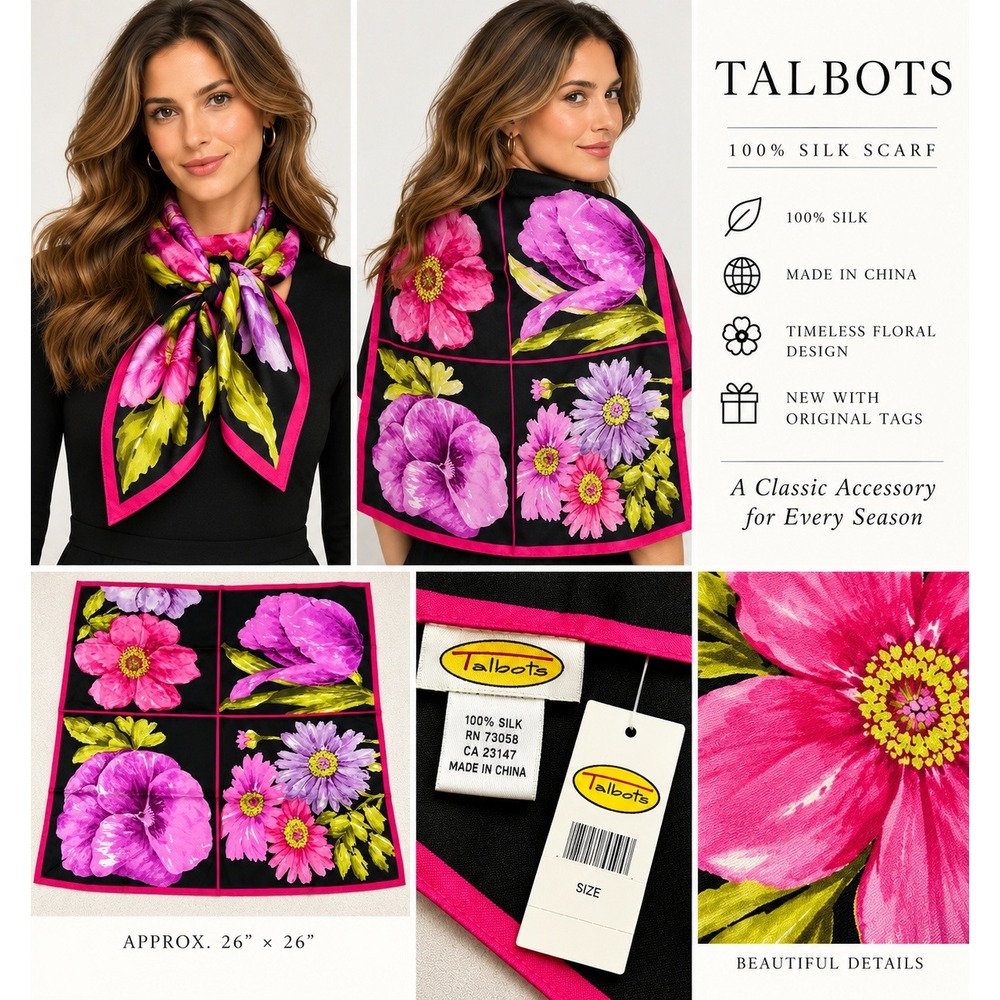 Talbots Silk Scarf Floral Pink Purple Black Square 26x26 NWT